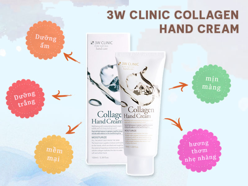 Kem Dưỡng Da Tay Collagen 3W Clinic Hand Cream được sản xuất theo công nghệ tiên tiến của Hàn Quốc, vì thế sản phẩm là lựa chọn hàng đầu dành cho phụ nữ. Sản phẩm có kết cấu dạng kem, dễ dàng thẩm thấu nhanh vào da, cho đôi tay được bảo vệ, nuôi dưỡng. Đặc biệt, có thành phần phục hồi da hư tổn, chống nhăn da.