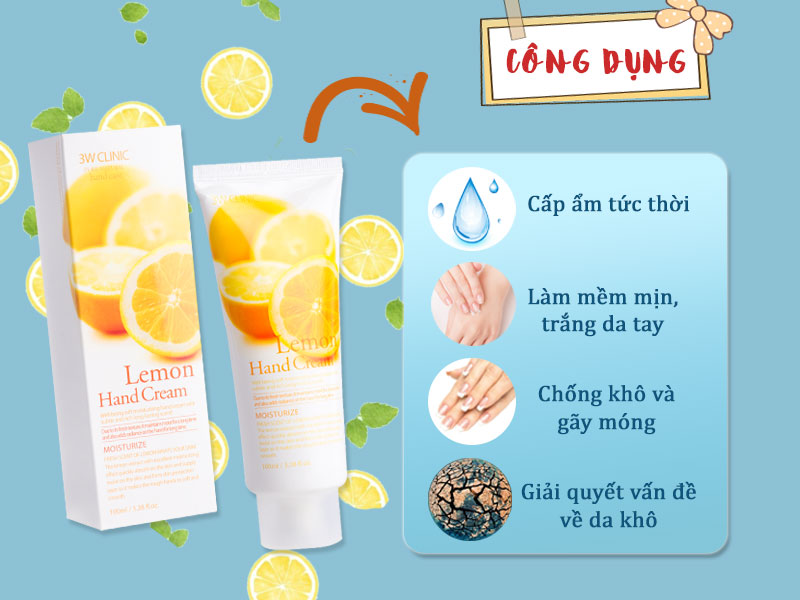 Dưỡng Da Tay Hương Chanh 3W Clinic chứa chiết xuất chanh, bơ hạt mỡ giúp cung cấp độ ẩm cho da, đồng thời nuôi dưỡng da từ sâu bên trong, cho da khô dần trở nên mềm mại, mịn màng.