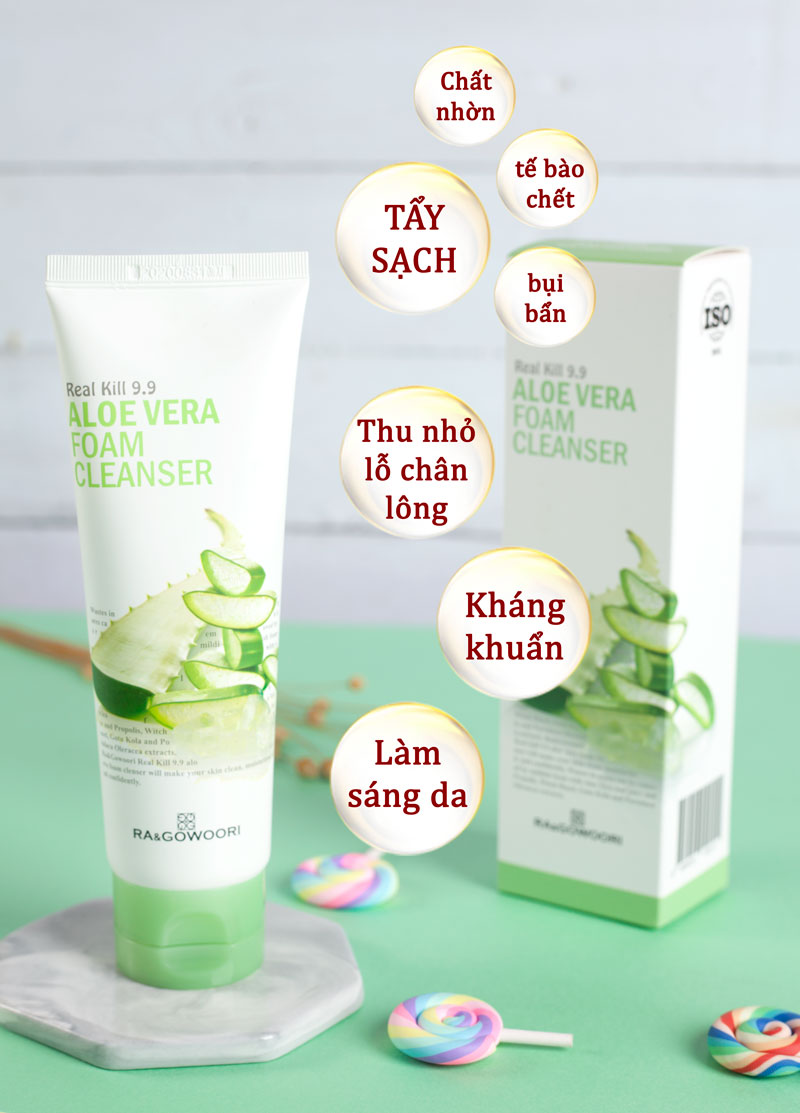 Sữa Rửa Mặt Lô Hội Real Kill 9.9 Ra&Gowoori giúp rửa sạch bụi bẩn trên da thật nhẹ nhàng, mang lại cảm giác mát dịu và thanh khiết. 